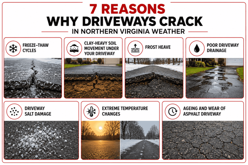 Infographic showing the 7 reasons why driveways crack in Northern Virginia weather, including freeze-thaw cycles, clay-heavy soil movement, frost heave, poor driveway drainage, salt damage, temperature changes, and aging asphalt driveway wear.