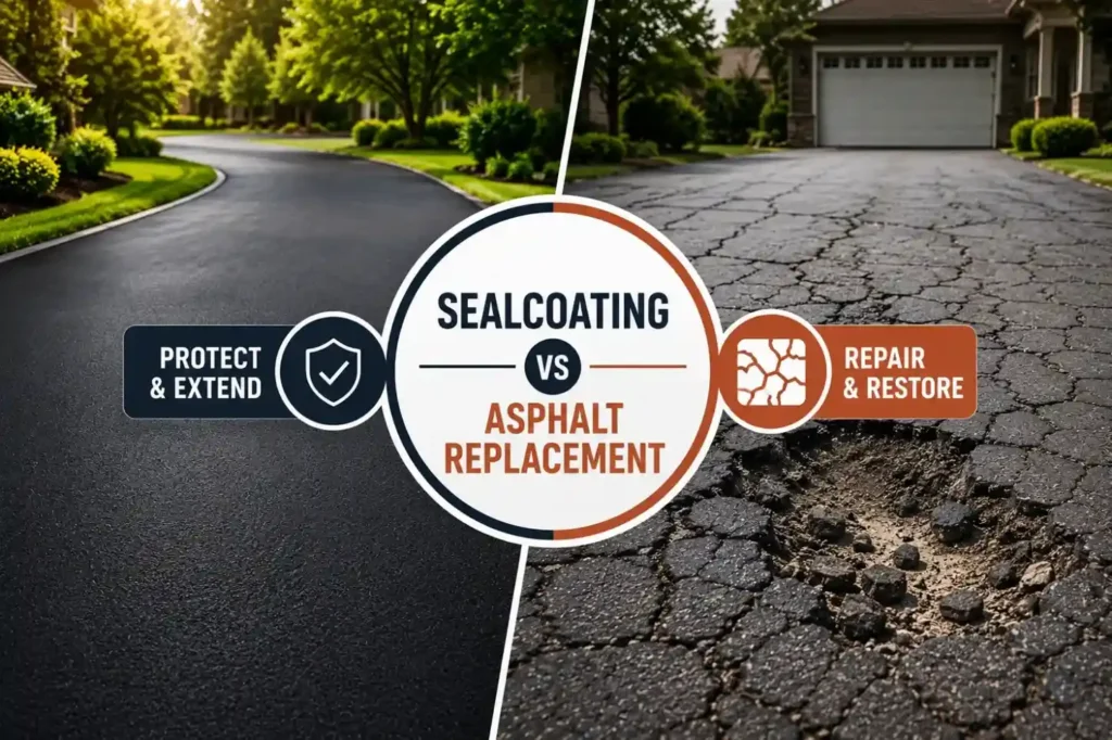 Gallaher Seamless Paving's guide comparing sealcoating and asphalt replacement with a smooth asphalt driveway beside a cracked driveway.