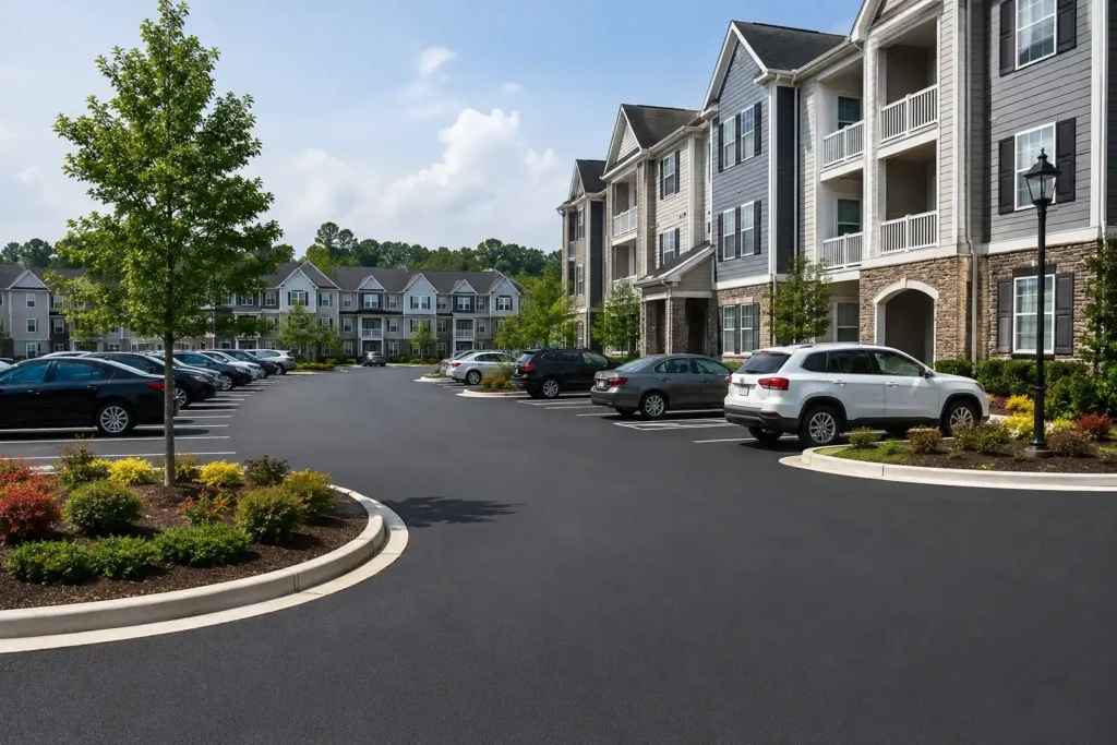 Professional asphalt paving for an apartment community parking lot and internal roadways in Northern Virginia with smooth pavement, marked parking spaces, and modern multifamily residential buildings.