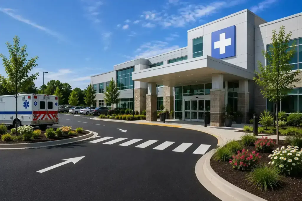 medical-building-asphalt-paving-northern-virginia.webp Modern medical office building with a freshly paved asphalt parking lot, ADA-accessible walkways, patient drop-off area, and ambulance access in Northern Virginia.