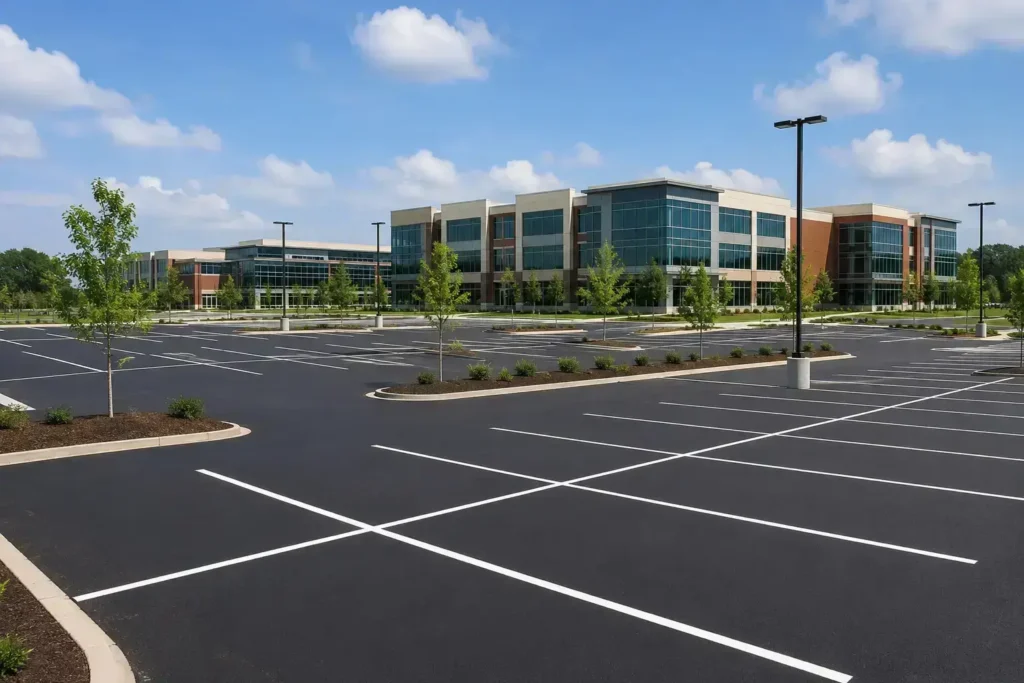 parking-lot-paving-northern-virginia.webp Freshly paved commercial parking lot with new asphalt, crisp line striping, and a modern office building in Northern Virginia.