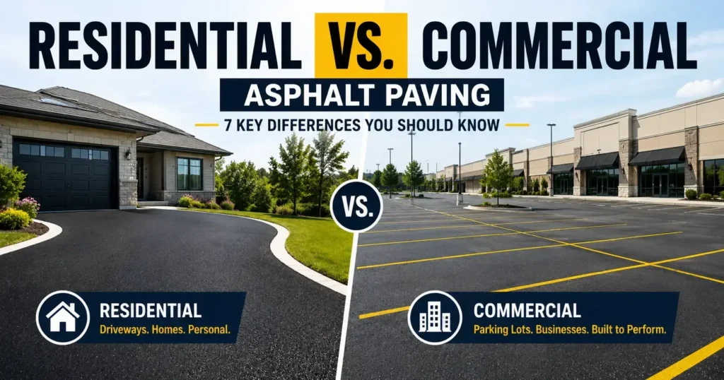 Comparison of residential and commercial asphalt paving for driveways and parking lots.