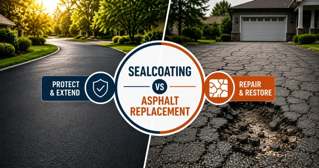 Sealcoating vs asphalt replacement showing a smooth protected driveway and a cracked damaged driveway