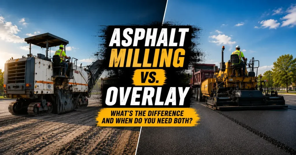 Asphalt milling vs. overlay comparison showing pavement milling on one side and fresh asphalt overlay on the other