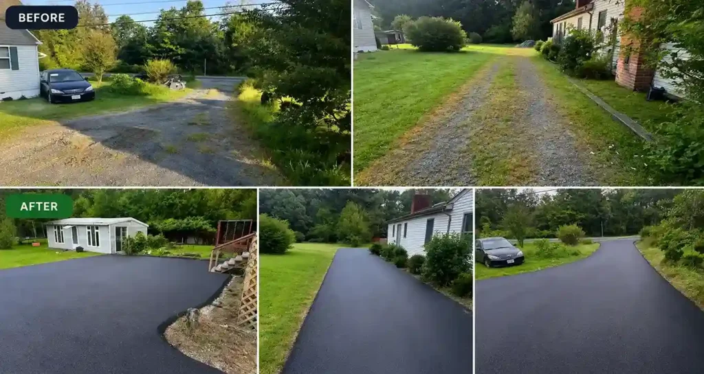 gravel driveway to new asphalt asphalt installation in Bealeton Virginia by Gallaher Seamless paving