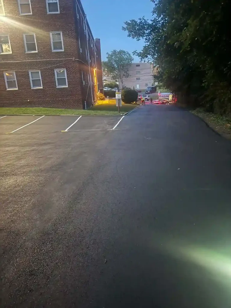 Freshly paved asphalt parking lot with new line striping in Arlington, VA